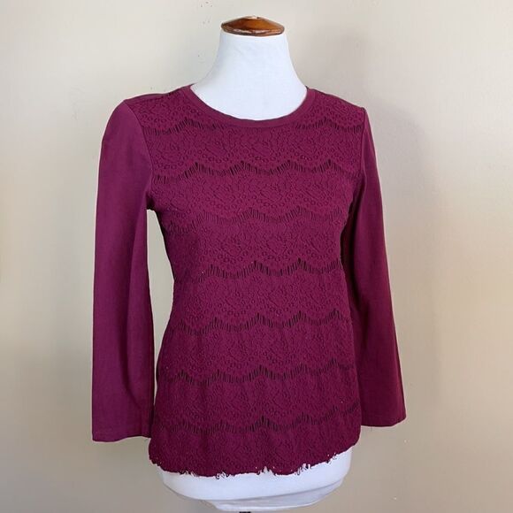 J. Crew Burgundy Crew Neck Pullover Lightweight Lace Top (Size: Small) - Picture 1 of 15